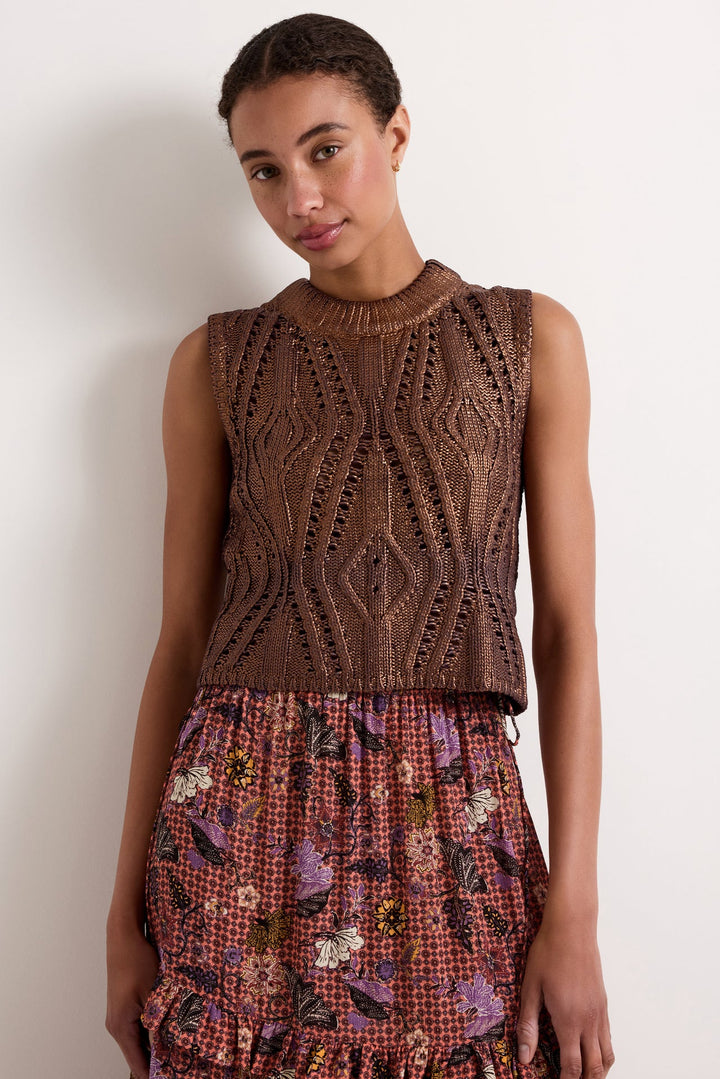 Marie Oliver McGuire Top in Chocolate — front detail view styled with floral tiered maxi skirt