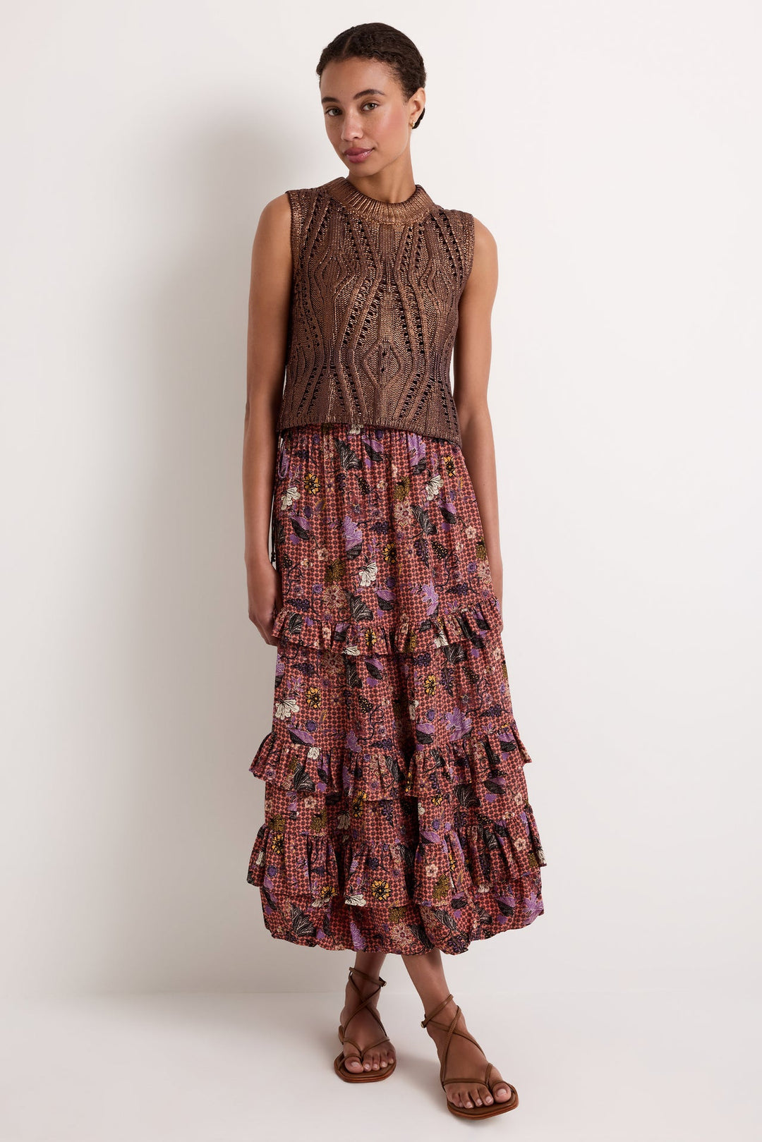 Marie Oliver McGuire Top in Chocolate — full front view styled with floral tiered maxi skirt and sandals