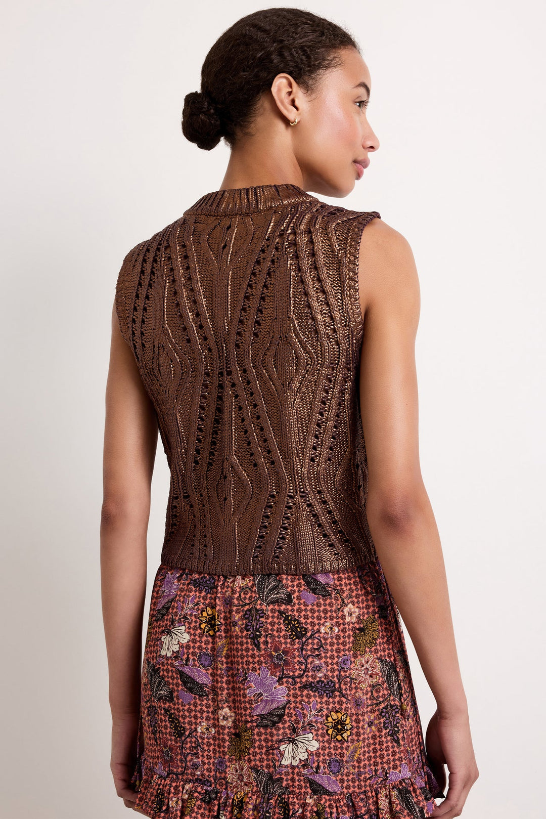 Marie Oliver McGuire Top in Chocolate — back view showing open cable knit texture