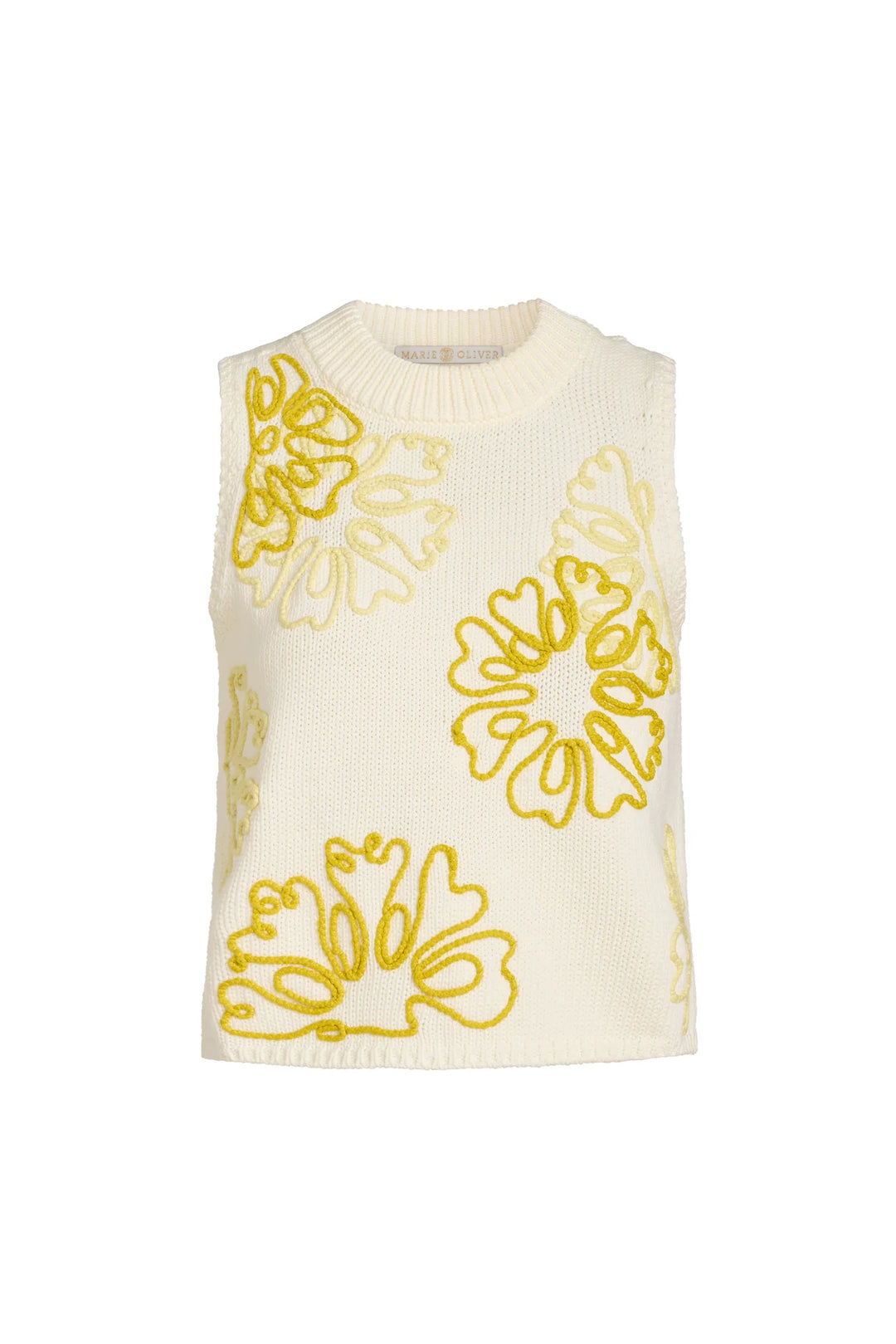 Close-up of cream knit fabric featuring oversized gestural floral embroidery in chartreuse and yellow tones, showing texture contrast between the open-stitch ground and raised looped embroidery detail.