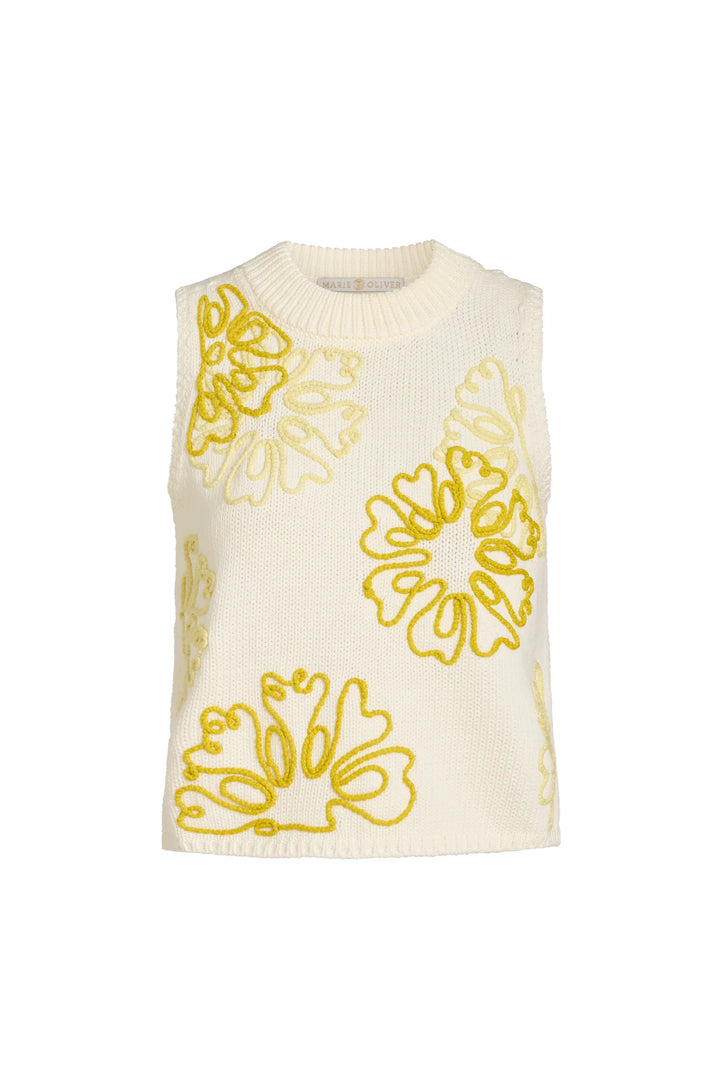 Close-up of cream knit fabric featuring oversized gestural floral embroidery in chartreuse and yellow tones, showing texture contrast between the open-stitch ground and raised looped embroidery detail.