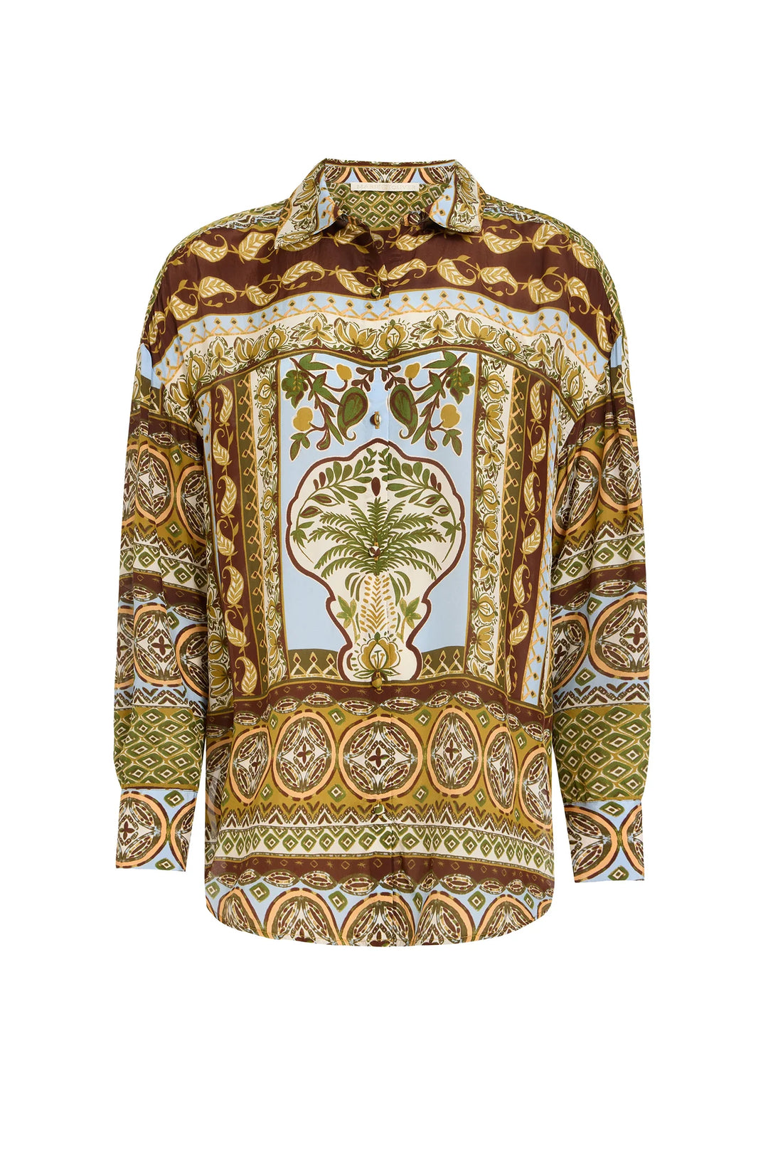 Marie Oliver Nico Shirt in Mirage — flat lay, front view showing full border print