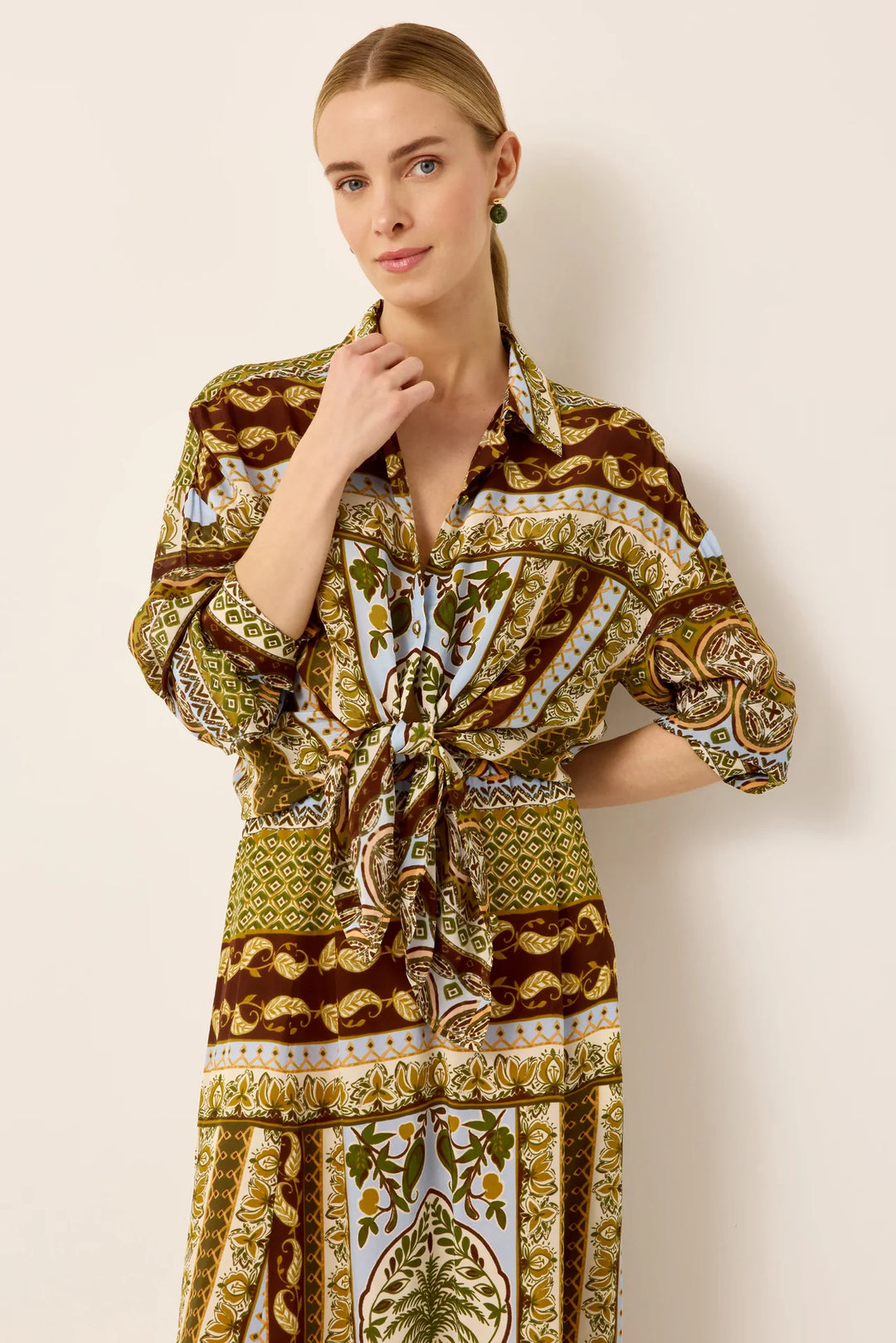 Marie Oliver Nico Shirt in Mirage — front on-model, tied at the waist over Sasha skirt