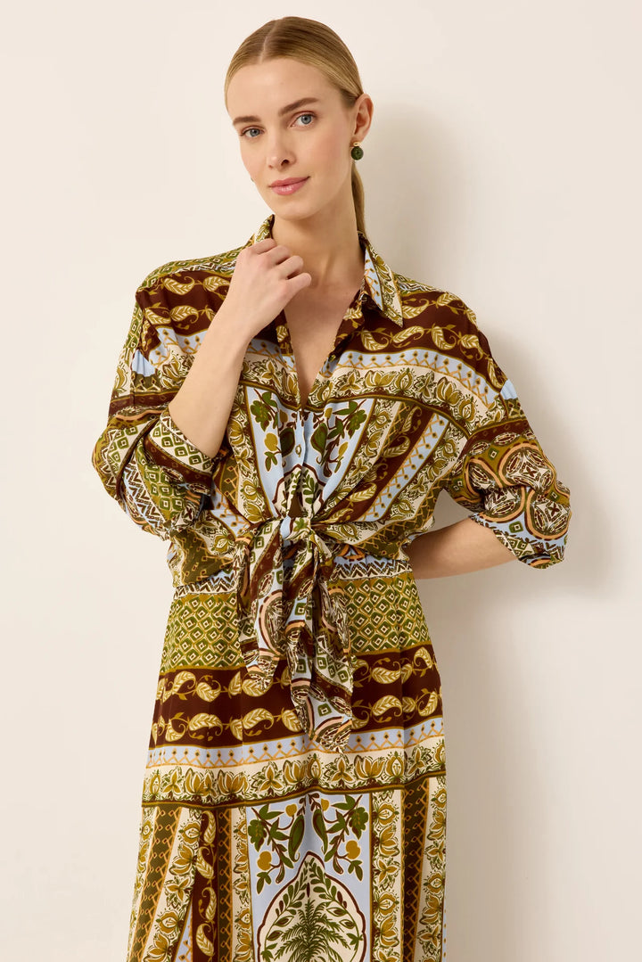 Marie Oliver Nico Shirt in Mirage — front on-model, tied at the waist over Sasha skirt