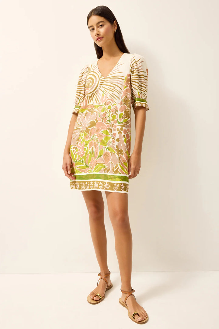 Marie Oliver Ola Dress in Solara citron and blush placement print with V-neckline and puff sleeves 3