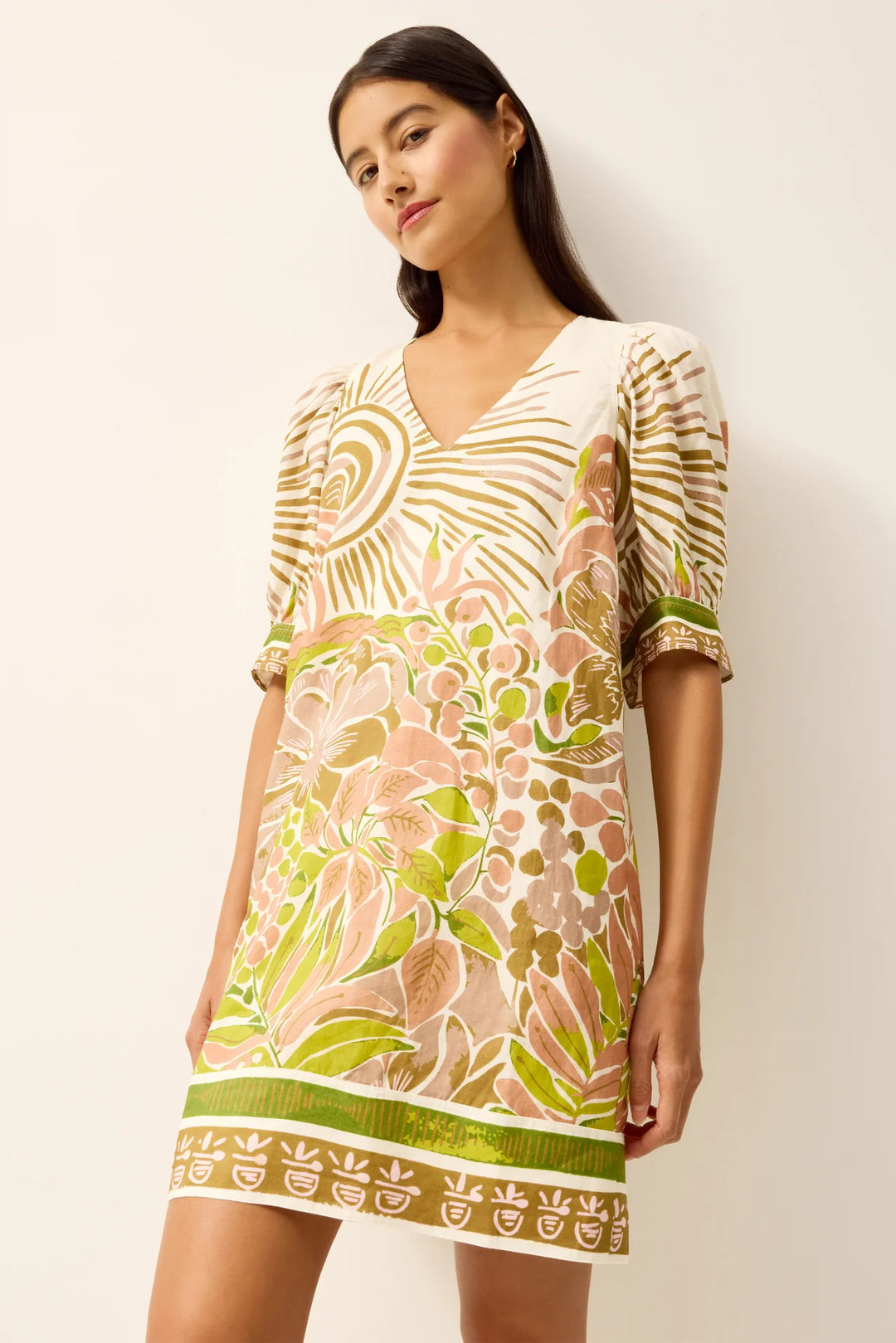 Marie Oliver Ola Dress in Solara citron and blush placement print with V-neckline and puff sleeves