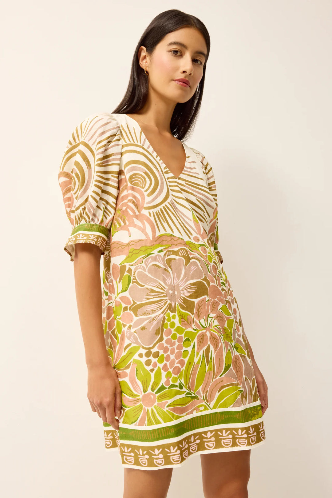 Marie Oliver Ola Dress in Solara citron and blush placement print with V-neckline and puff sleeves 2