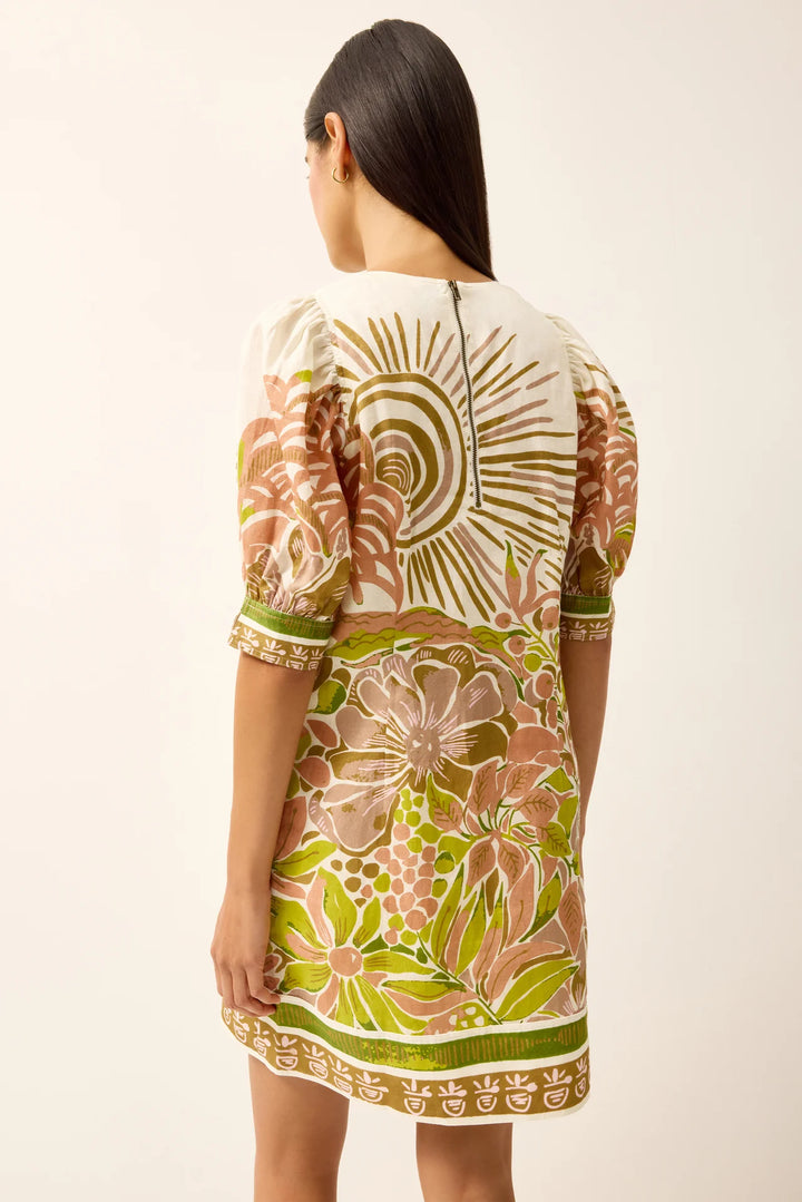 Marie Oliver Ola Dress in Solara citron and blush placement print with V-neckline and puff sleeves - back
