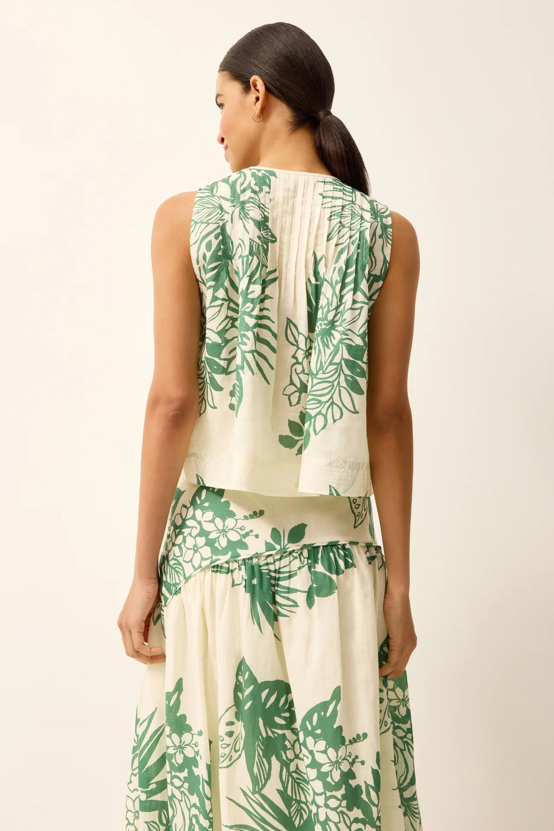 Marie Oliver Romina Top, back view showing pleated yoke detail and trapunto stitched hem in green Garland print.