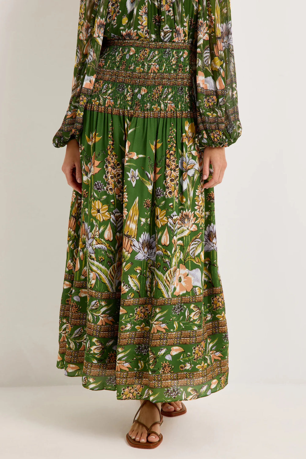 Marie Oliver Stacie Skirt, Greenhouse floral print, close-up front detail of smocked waistband and border hem print.