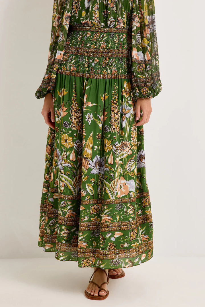 Marie Oliver Stacie Skirt, Greenhouse floral print, close-up front detail of smocked waistband and border hem print.