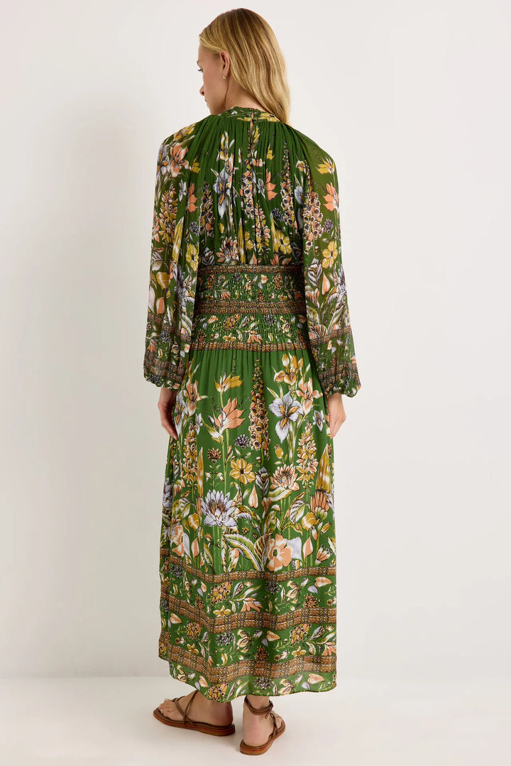 Marie Oliver Stacie Skirt, Greenhouse floral print, back view, full length showing smocked waist panel and flowing skirt silhouette.
