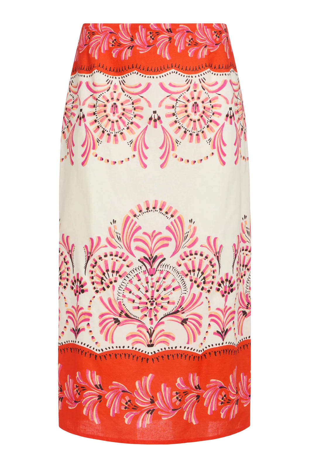 Marie Oliver Sutton Skirt in Seraphine pink and red fan floral placement print with fitted midi silhouette - skirt outline