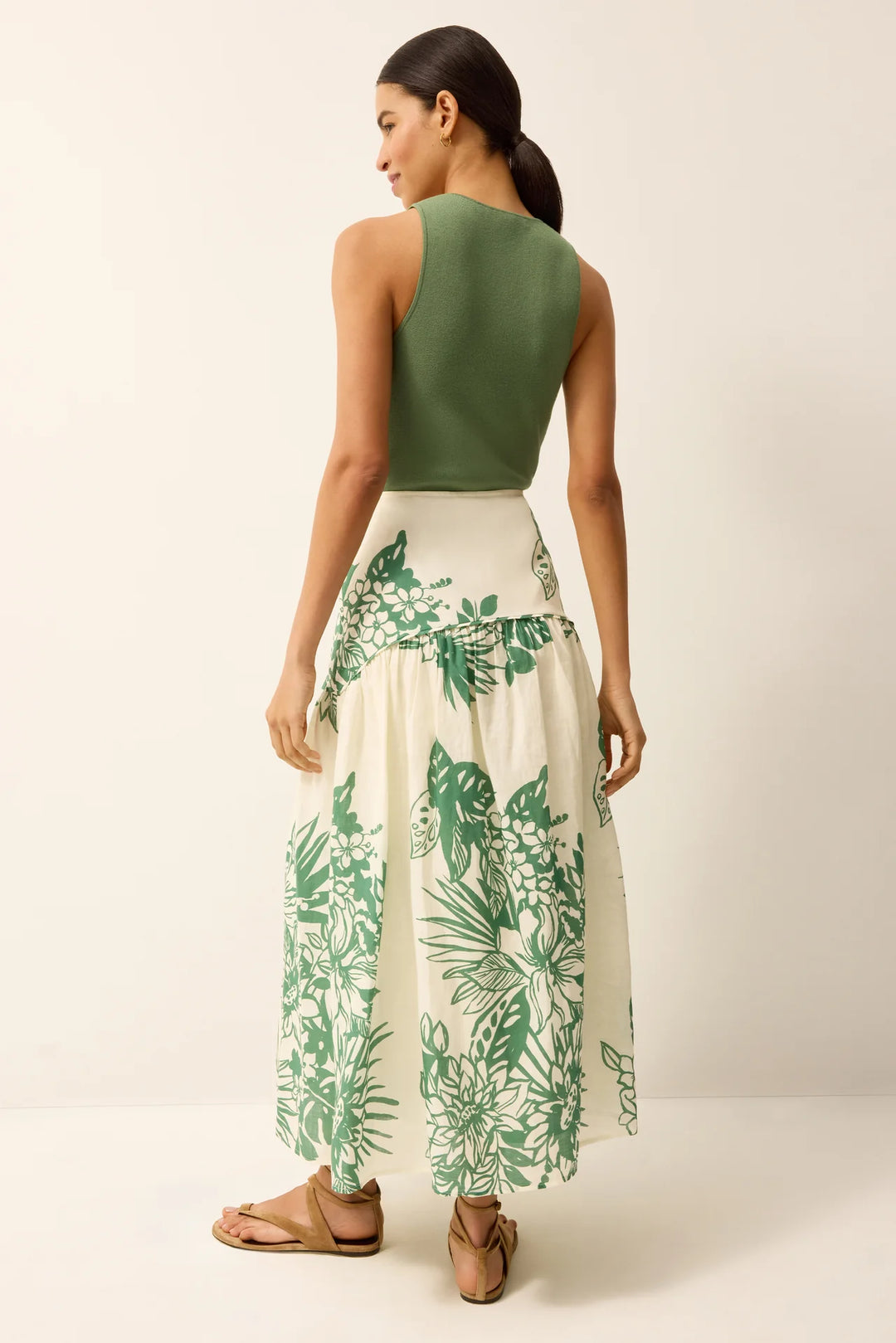 Marie Oliver Vicki Garland Skirt, back view showing hidden side-seam zipper and full swing shape in white and green print.