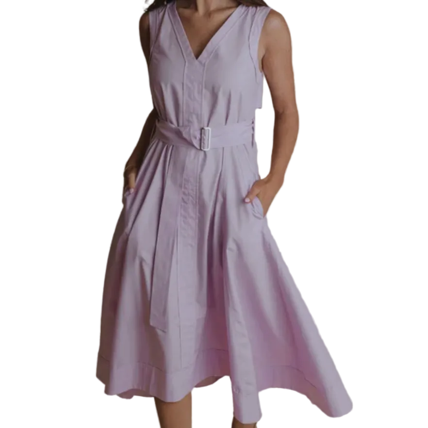 Light purple sleeveless dress with a belt on a plain background