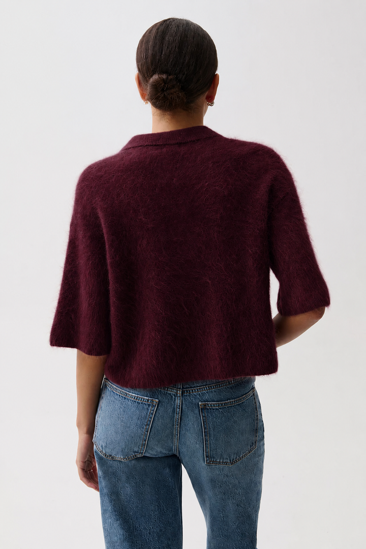 Pistola Nadya Alpaca Blend Boxy Polo Sweater in Cherry Wine, back view, showing dropped shoulder and cropped hem.