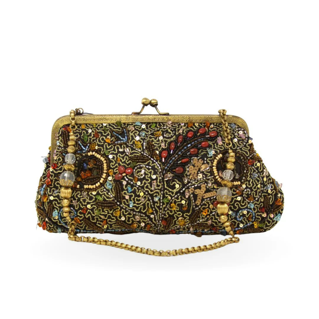 Beaded and Embroidered Evening Clutch with antique brass kiss-lock closure and chain strap Black