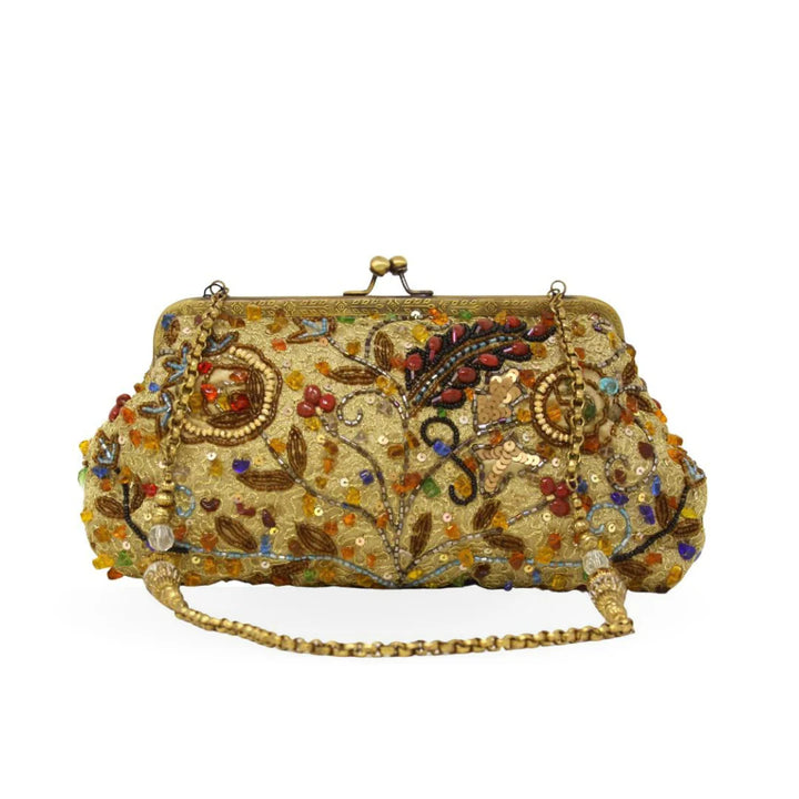 Beaded and Embroidered Evening Clutch with antique brass kiss-lock closure and chain strap Gold