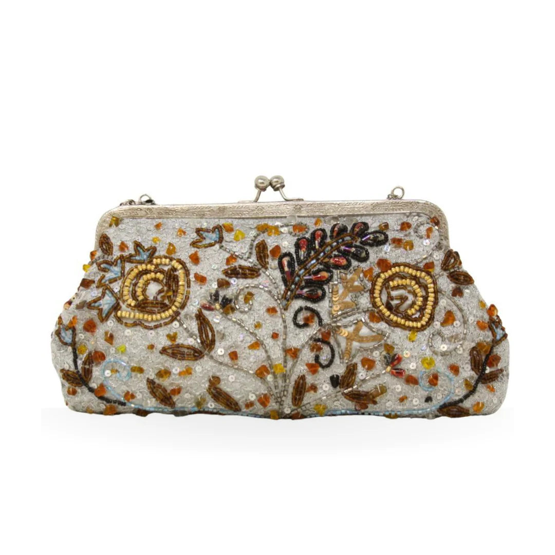 Beaded and Embroidered Evening Clutch with antique brass kiss-lock closure and chain strap Silver