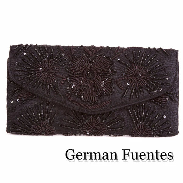 Beaded Floral Evening Clutch with tone-on-tone starburst embroidery and envelope closure Black