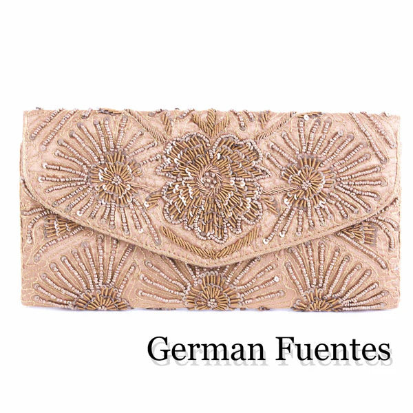 Beaded Floral Evening Clutch with tone-on-tone starburst embroidery and envelope closure - Gold