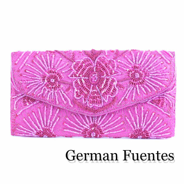Beaded Floral Evening Clutch with tone-on-tone starburst embroidery and envelope closure - Hot Pink
