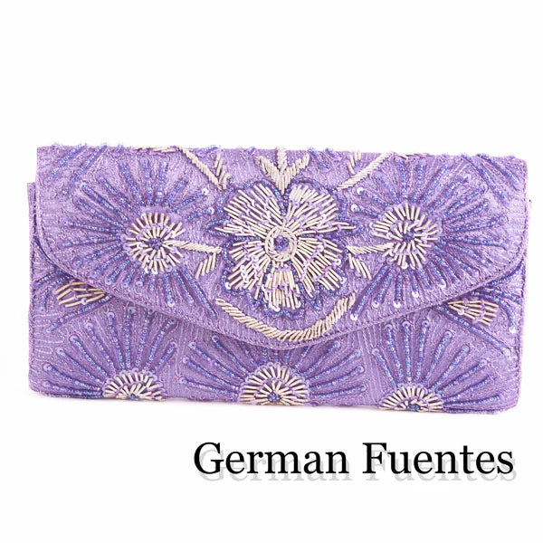 Beaded Floral Evening Clutch with tone-on-tone starburst embroidery and envelope closure - Lilac