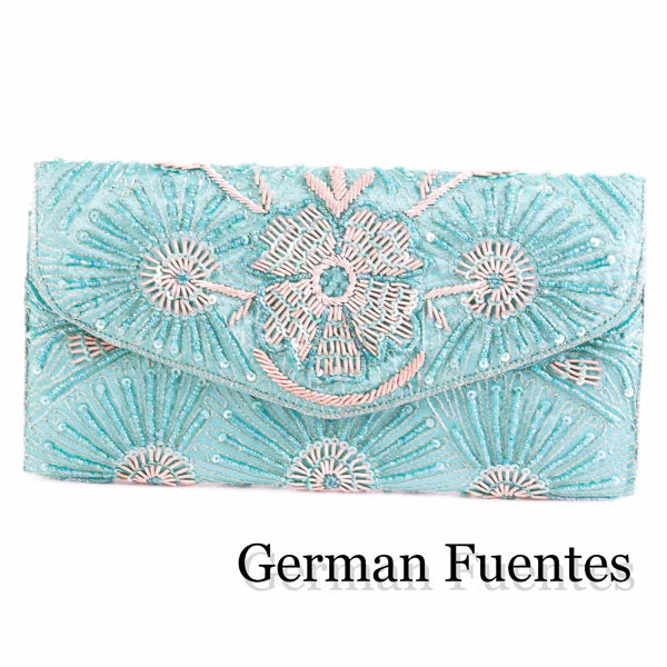 Beaded Floral Evening Clutch with tone-on-tone starburst embroidery and envelope closure - Aqua Blue