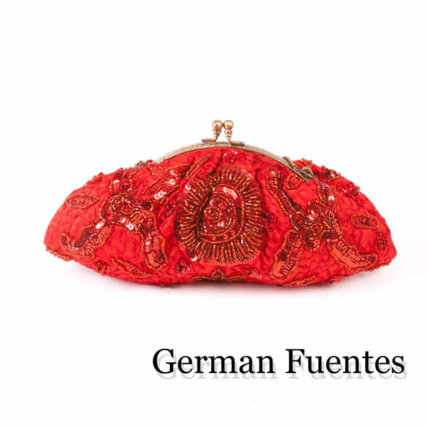 Beaded Rose Evening Clutch with antique brass kiss-lock closure Red