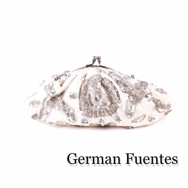 Beaded Rose Evening Clutch with antique brass kiss-lock closure Silver