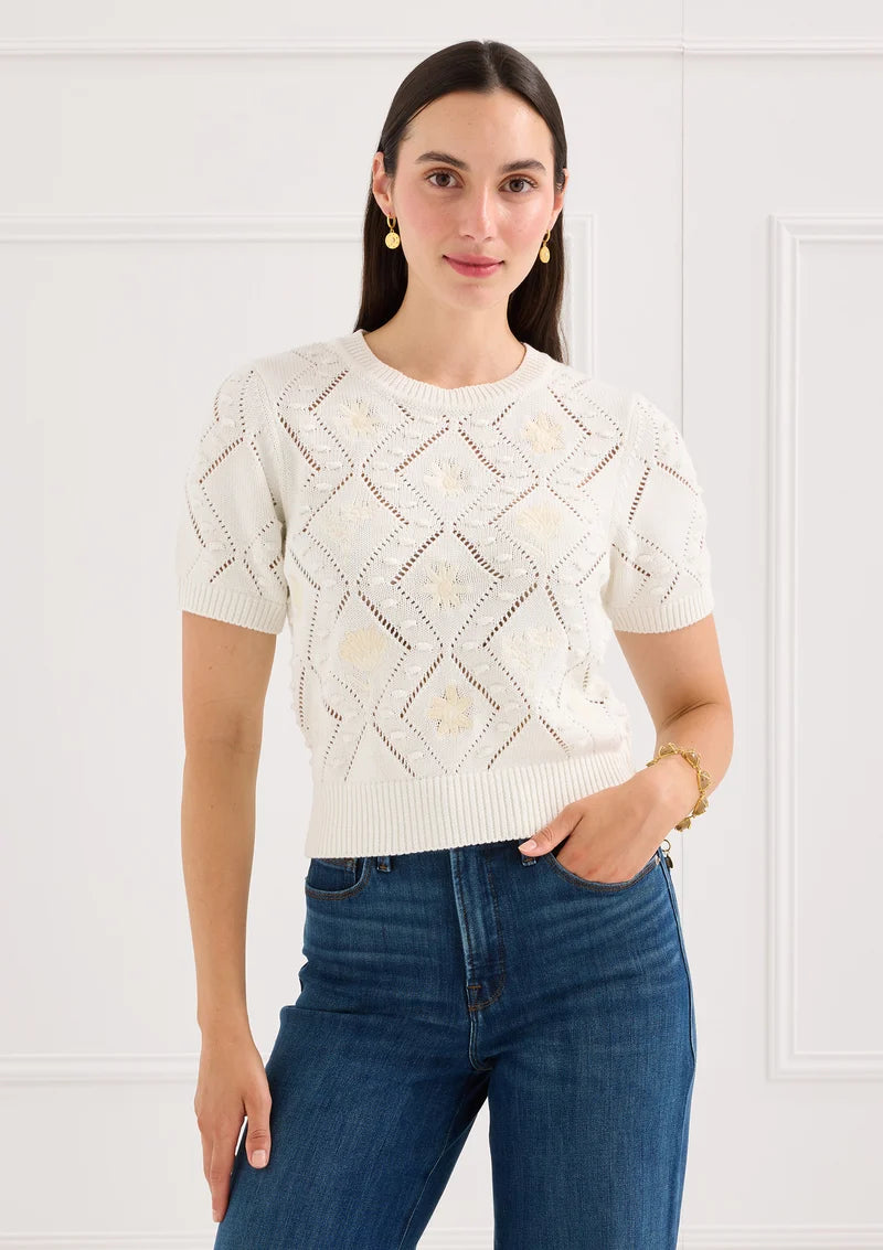 Alivia The Nora Ivory Floral Embroidery Sweater, front view on-model, full pointelle knit with tonal floral embroidery