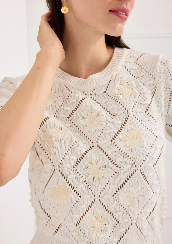 Alivia The Nora Ivory Floral Embroidery Sweater, close-up detail of embroidered florals and bobble-stitch texture