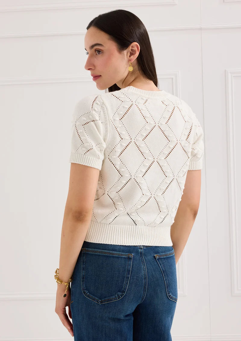 Alivia The Nora Ivory Floral Embroidery Sweater, back view on-model showing pointelle knit pattern