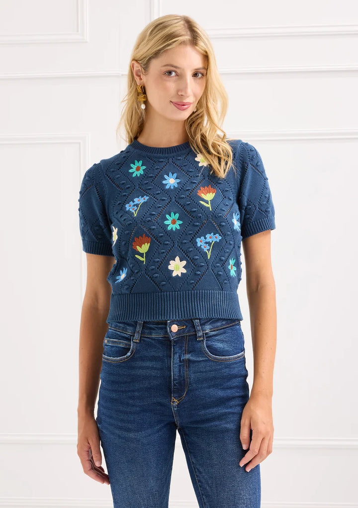 Alivia The Nora Navy Floral Embroidery Sweater, front view on-model, full pointelle knit with floral embroidery