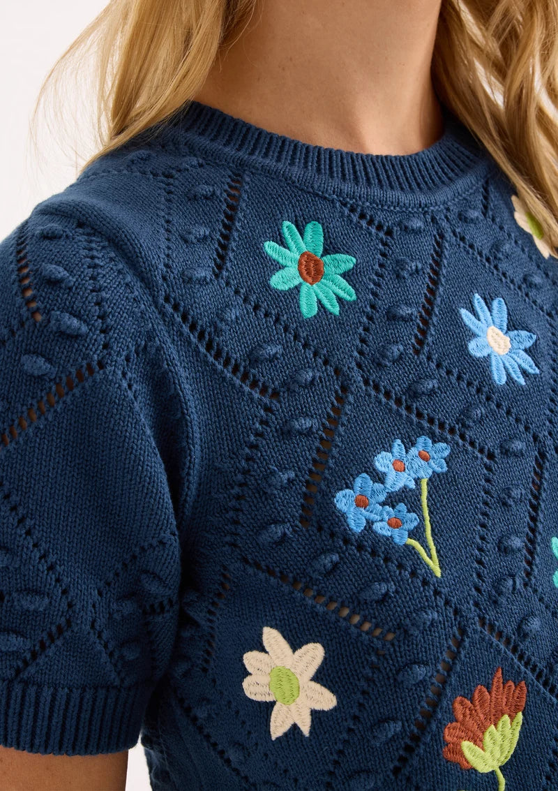 Alivia The Nora Navy Floral Embroidery Sweater, close-up detail of embroidered florals and bobble-stitch texture