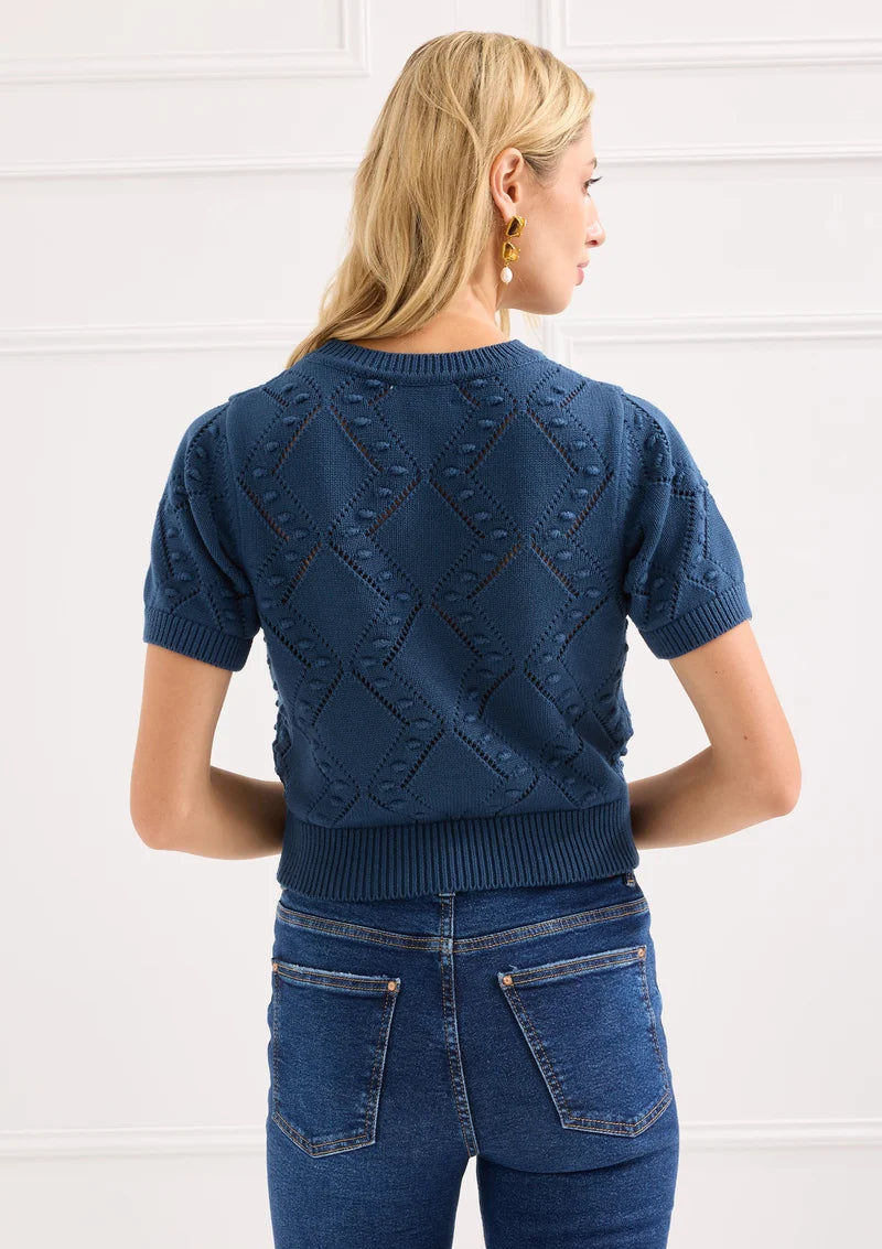 Alivia The Nora Navy Floral Embroidery Sweater, back view on-model showing pointelle knit pattern