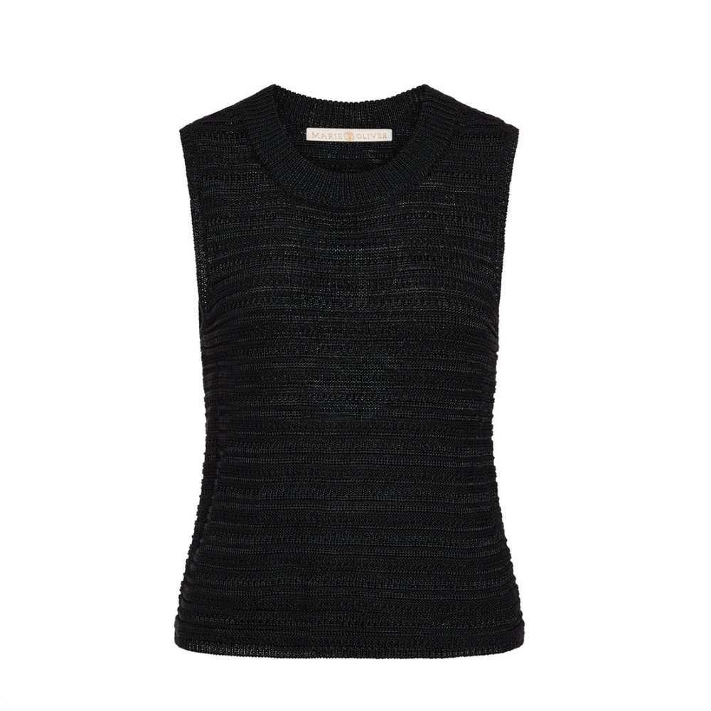 Black sleeveless knitted top on a white background