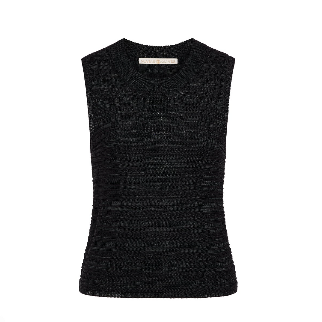 Black sleeveless knitted top on a white background