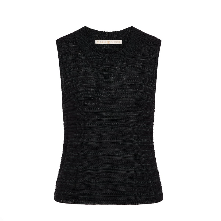 Black sleeveless knitted top on a white background