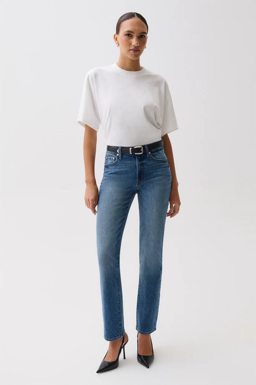 Front on-model — Pistola Aleks Mid Rise Straight Long Jean in Sea Salt, mid-rise straight leg denim, worn with white tee and black belt