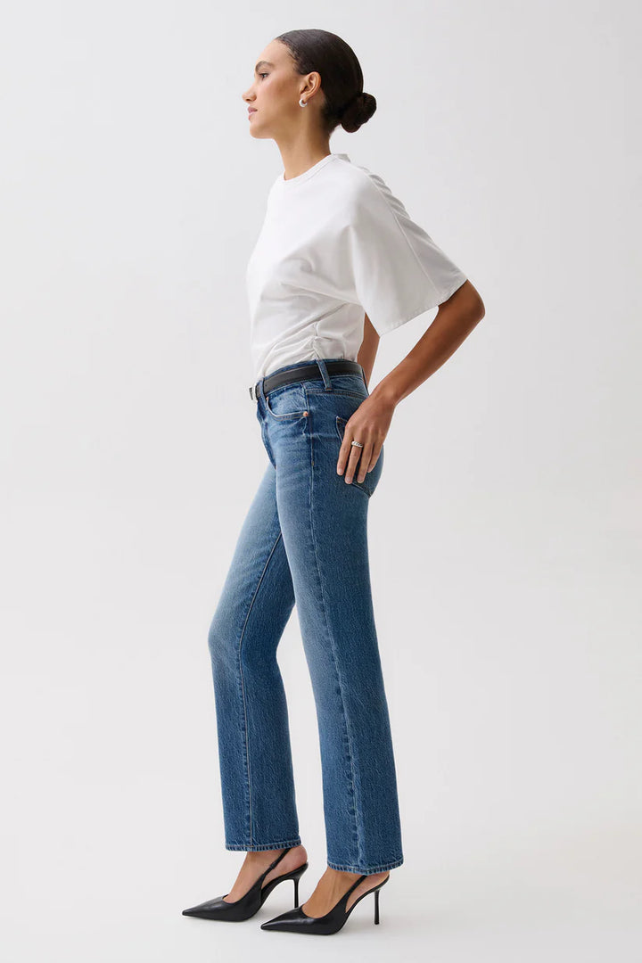 Side on-model — Pistola Aleks Mid Rise Straight Long Jean in Sea Salt, straight leg silhouette and ankle length