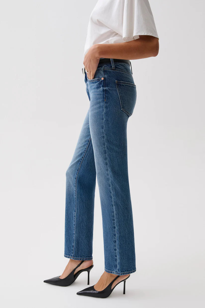 Side detail — Pistola Aleks Mid Rise Straight Long Jean in Sea Salt, back pocket and waistband detail