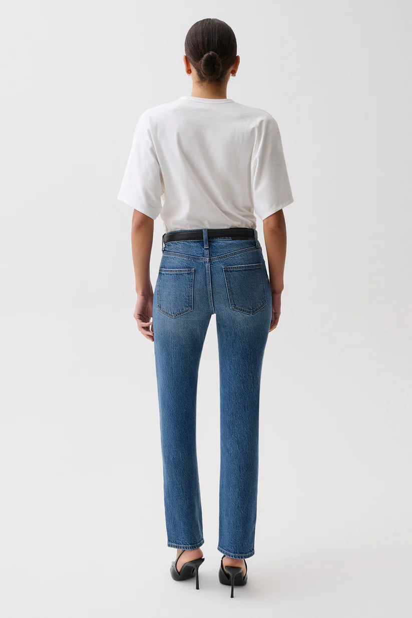 Back on-model — Pistola Aleks Mid Rise Straight Long Jean in Sea Salt, five-pocket back detail on straight leg denim