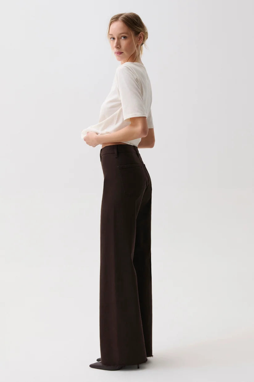 Pistola Penny High Rise Wide Leg Jean in Mocha, side profile view, showing high rise and wide leg silhouette with frayed hem.