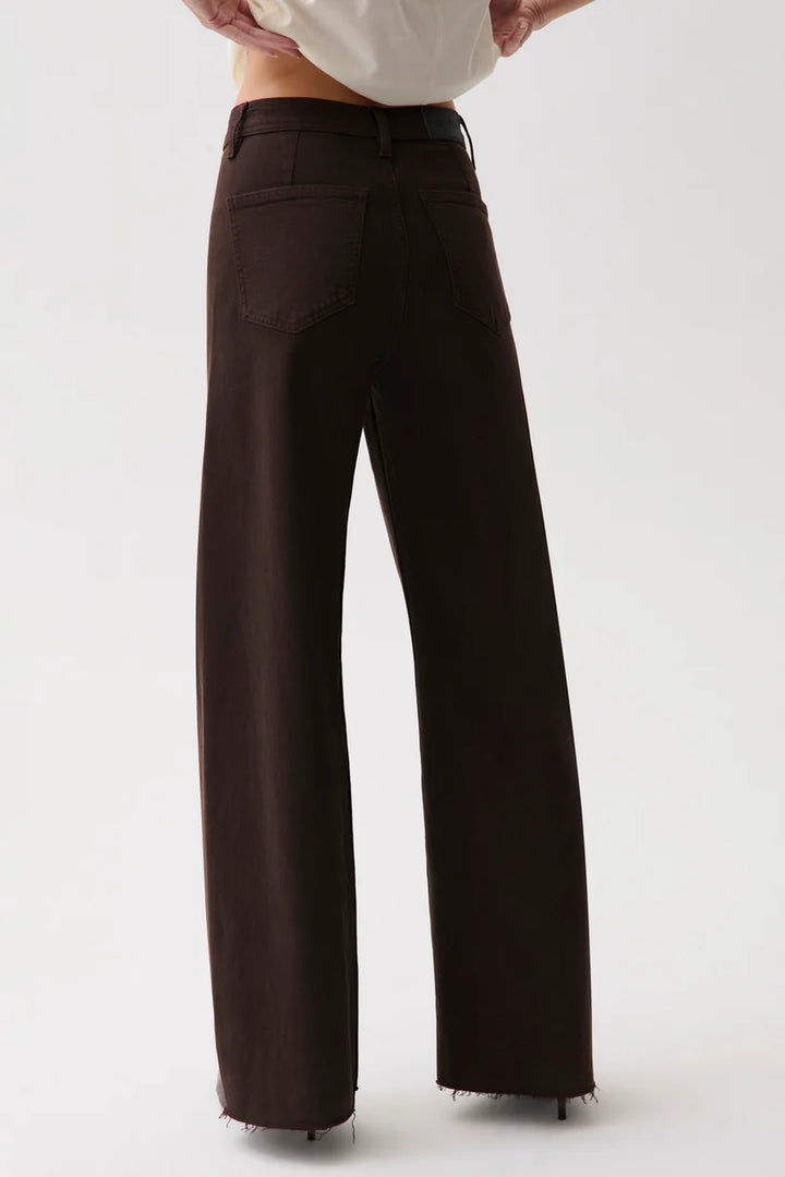 Pistola Penny High Rise Wide Leg Jean in Mocha, back view, showing five-pocket detailing and raw hem finish.