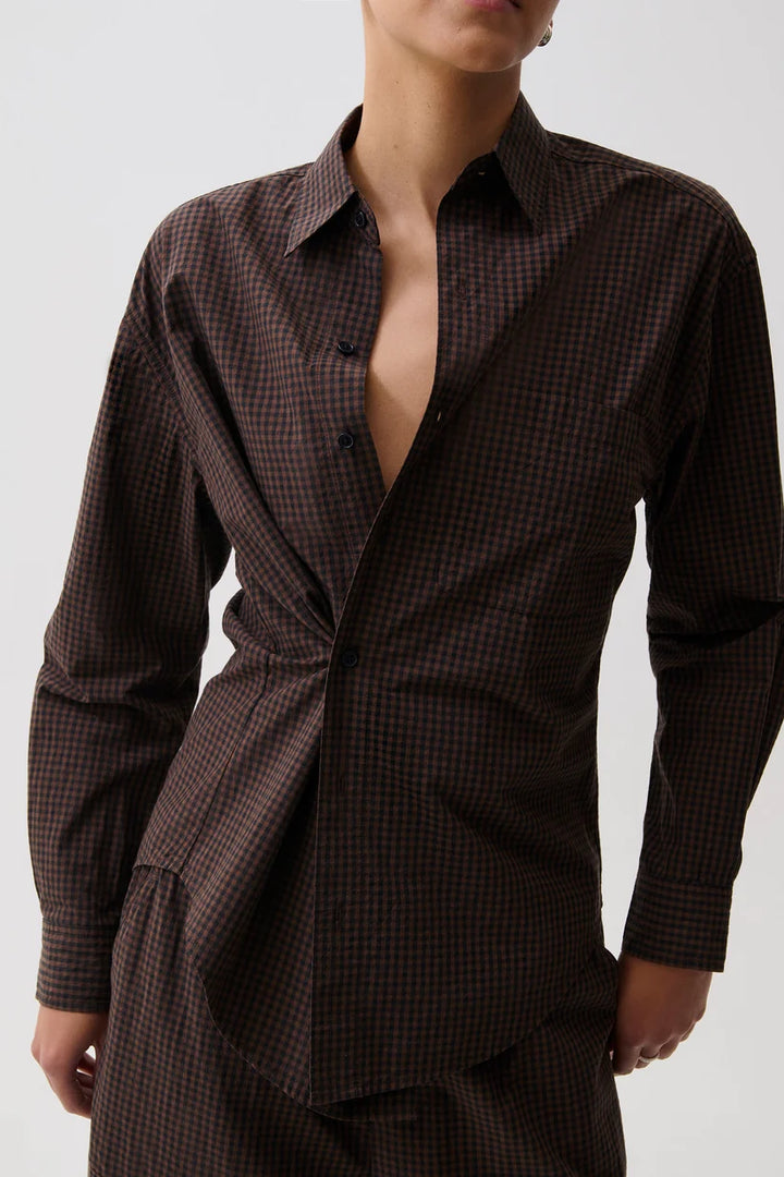Pistola Mila Long Sleeve Button Down, detail view, close-up of gathered waist twist and button placket.