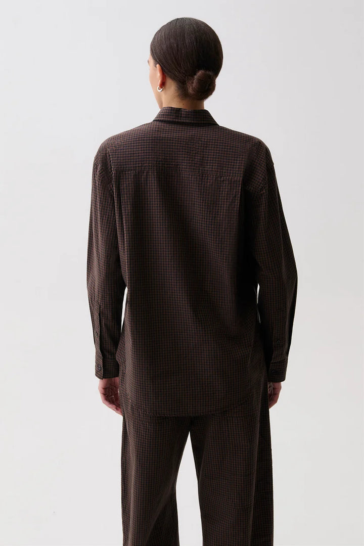 Pistola Mila Long Sleeve Button Down, back view, showing yoke seaming and relaxed fit through the shoulders.