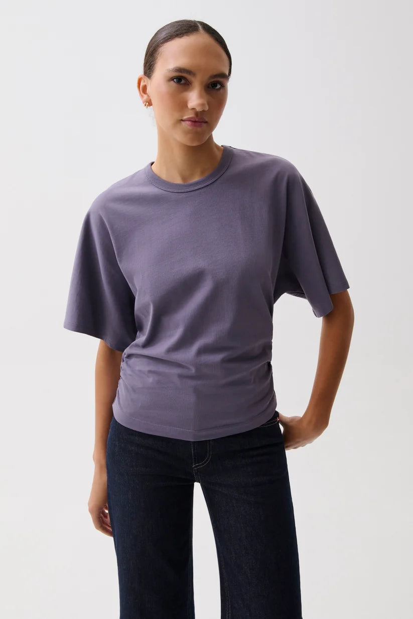 Pistola Veronica Kimono Sleeve Fitted Tee in Acai, front view, model wearing purple-gray tee with wide kimono sleeves and dark denim.
