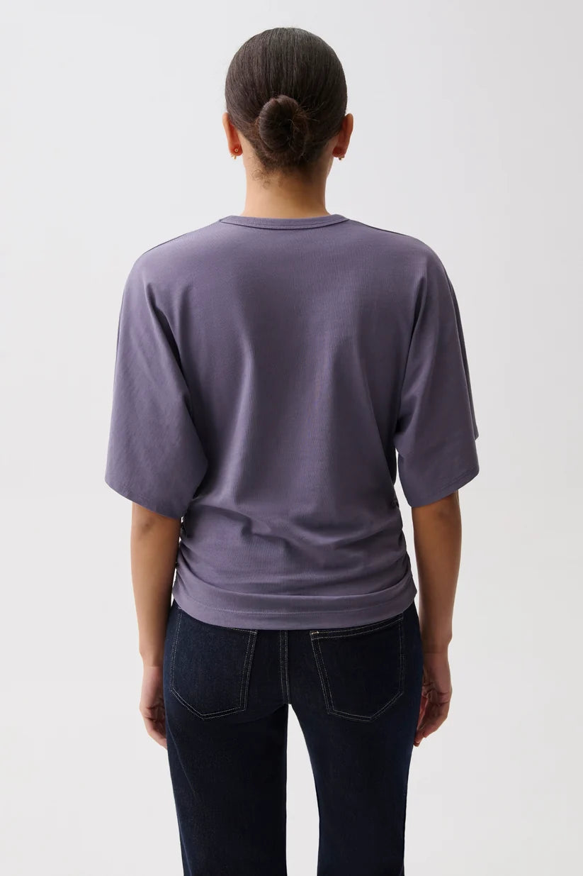 Pistola Veronica Kimono Sleeve Fitted Tee in Acai, back view, showing side ruching and cropped hem.