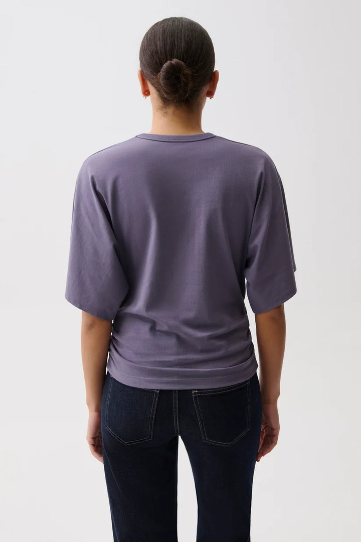 Pistola Veronica Kimono Sleeve Fitted Tee in Acai, back view, showing side ruching and cropped hem.